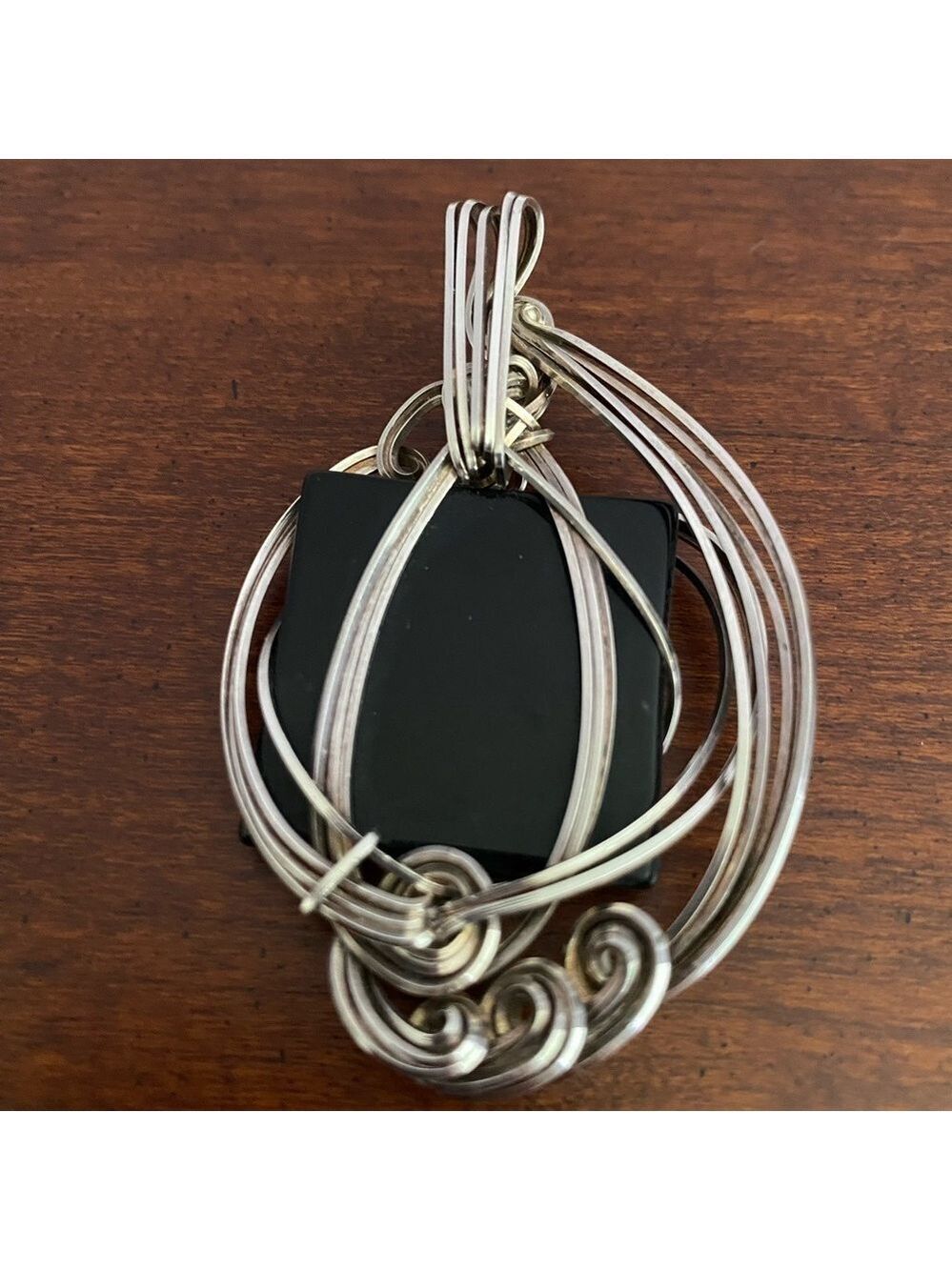 Onyx Pendant Handmade Twisted Silver Wire Wrap Artisan Statement - Picture 6 of 7